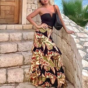 ZARA Linen Tropical Print Ruffled Maxi Skirt